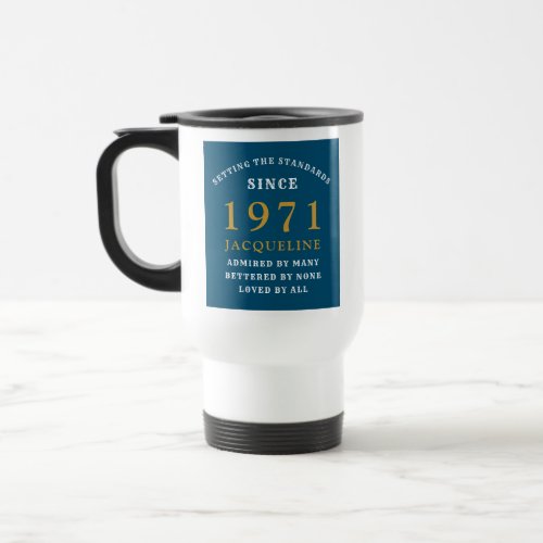 50th Birthday 1971 Blue Gold For Her Personalized Travel Mug