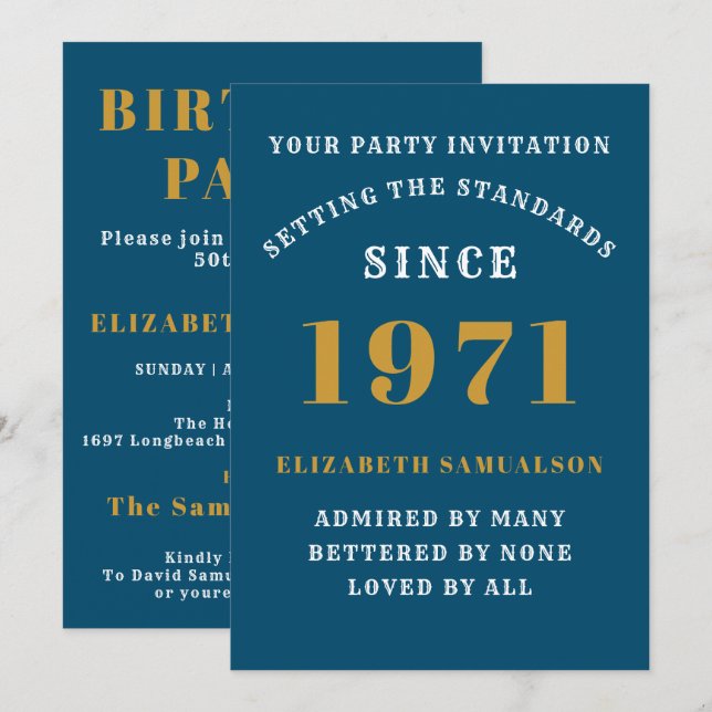 50th Birthday 1971 Blue Gold Personalized For Her Invitation (Front/Back)
