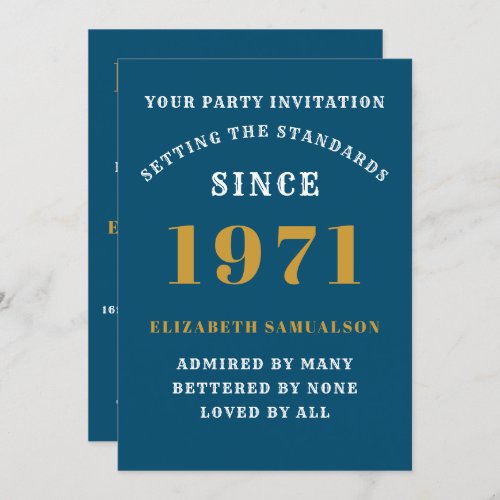 50th Birthday 1971 Blue Gold Personalized For Her Invitation