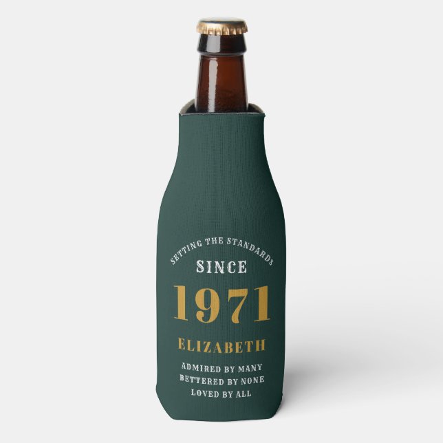 50th Birthday 1971 Green Gold For Her Personalized Bottle Cooler (Bottle Front)