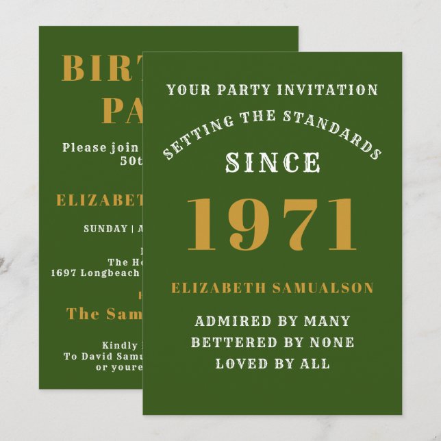 50th Birthday 1971 Green Gold Personalized For Her Invitation (Front/Back)