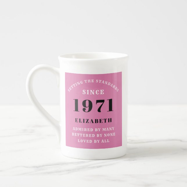 50th Birthday 1971 Pink Black For Her Personalized Bone China Mug (Left)