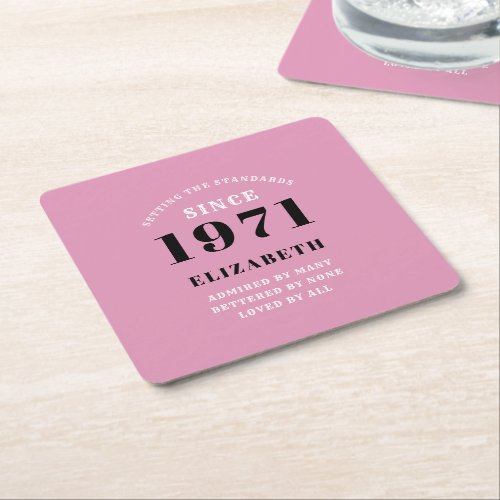 50th Birthday 1971 Pink Black For Her Personalized Square Paper Coaster