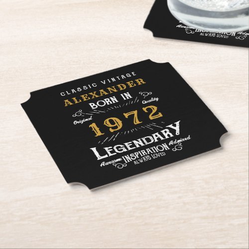  50th Birthday 1972 Add Name Legendary Black Gold Paper Coaster