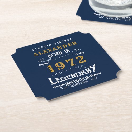  50th Birthday 1972 Add Name Legendary Blue Gold Paper Coaster