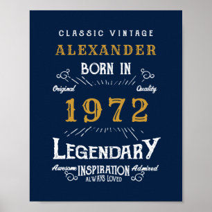 50th Birthday 1972 Add Name Legendary Blue Gold Poster