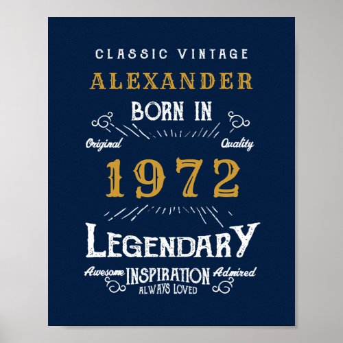 50th Birthday 1972 Add Name Legendary Blue Gold Poster