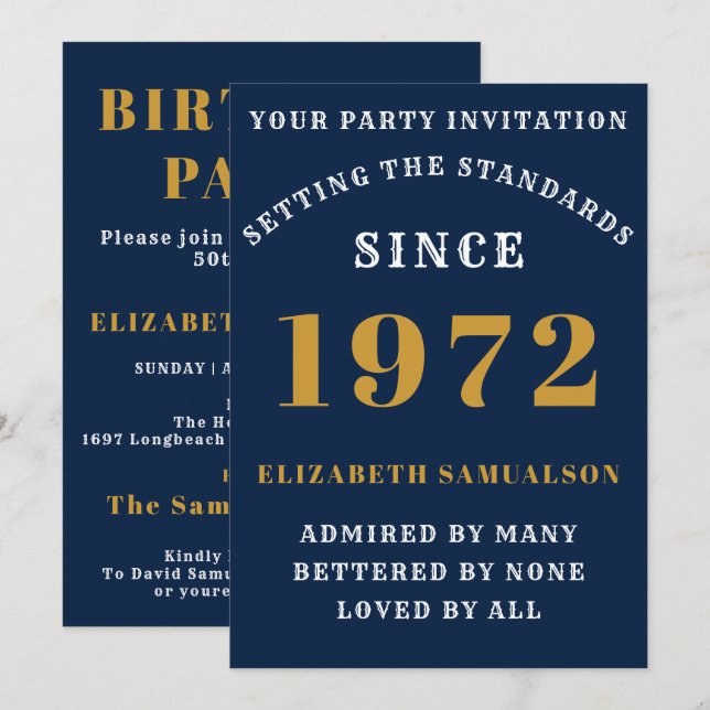 50th Birthday 1972 Add Your Name Blue Gold Invitation (Front/Back)