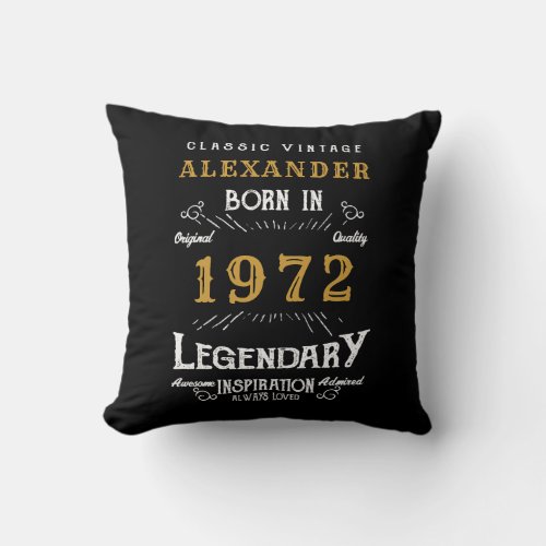 50th Birthday 1972 Black Gold Add Name Retro Throw Pillow