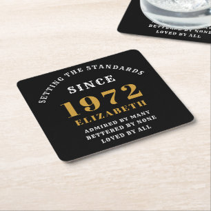 50th Birthday 1972 Elegant Black Gold Chic Square Paper Coaster