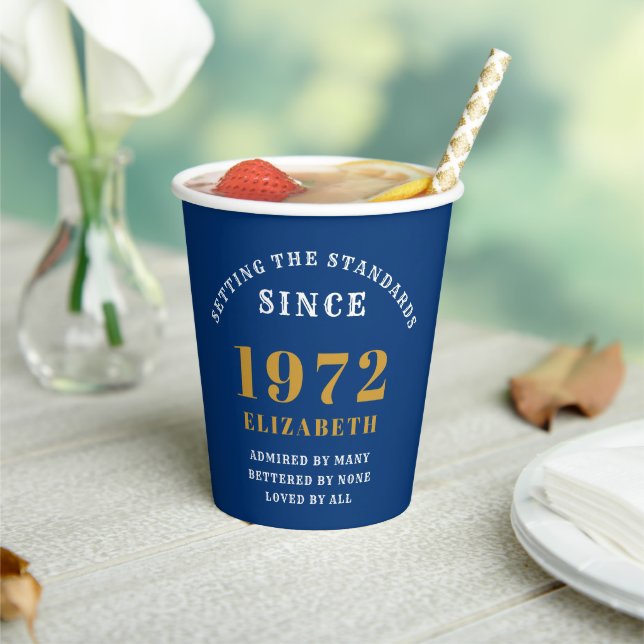 50th Birthday 1972 Elegant Blue Gold Chic Paper Cups (Insitu)