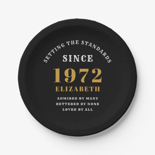 50th Birthday 1972 Elegant Chic Gold Black Paper Plates