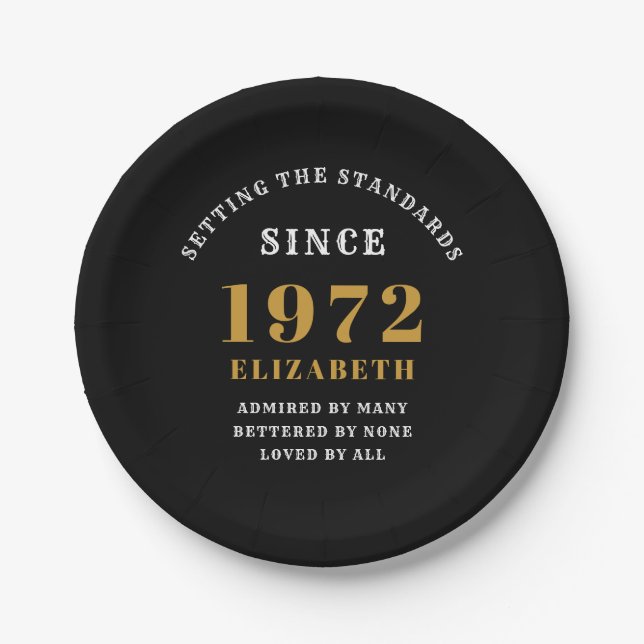 50th Birthday 1972 Elegant Chic Gold Black Paper Plates (Front)
