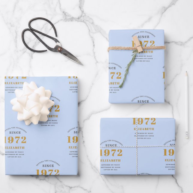 50th Birthday 1972 Elegant Gold Blue Grey Wrapping Paper Sheets (Front)