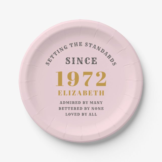 50th Birthday 1972 Elegant Gold Pink Grey Paper Plates (Front)