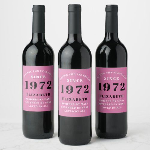 50th Birthday 1972 Girly Pink Black For Her Chic Wine Label