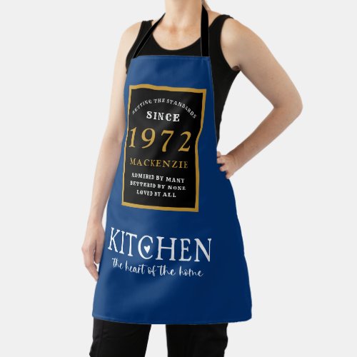 50th Birthday 1972 Name Elegant Black Gold Blue Apron