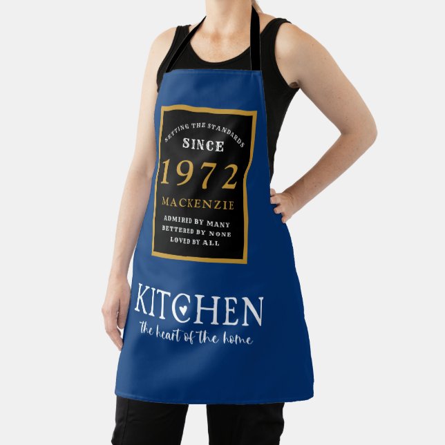 50th Birthday 1972 Name Elegant Black Gold Blue Apron (Insitu)