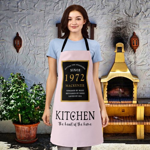 50th Birthday 1972 Name Elegant Black Gold Pink Apron