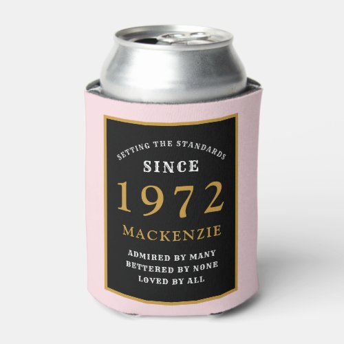 50th Birthday 1972 Name Elegant Black Gold Pink Can Cooler