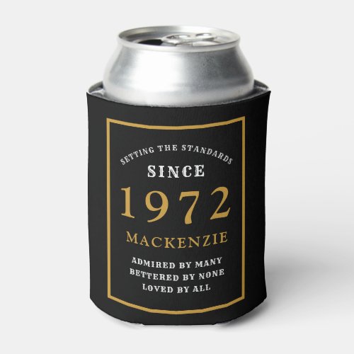 50th Birthday 1972 Name Elegant Chic Black Gold Can Cooler