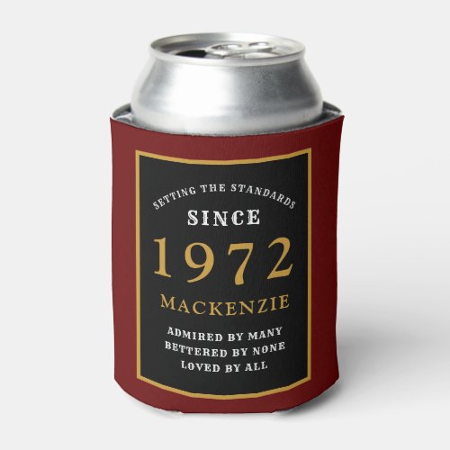 50th Birthday 1972 Name Elegant Red Black Gold Can Cooler