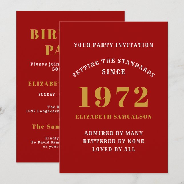50th Birthday 1972 Red Gold Standards Invitation (Front/Back)