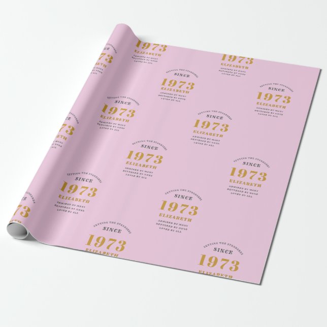 50th Birthday 1973 Add Name Pink Gray Wrapping Paper (Unrolled)