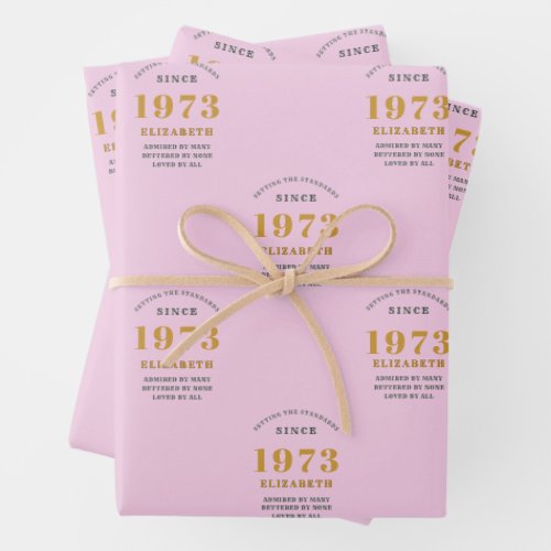 50th Birthday 1973 Add Name Pink Gray  Wrapping Paper Sheets