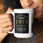 50th Birthday 1973 Black Gold Add Name Photo Large Coffee Mug<br><div class="desc">A huge black and gold photo mug for those special people. Easily customize the text and photo using the template provided. Part of the setting standards range.</div>