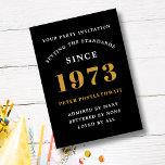 50th Birthday 1973 Black Gold Add Name Year Invitation<br><div class="desc">For those celebrating their birthday we have the ideal birthday party invitation card. The elegant background with a gold design is simple and chic. Easily customize the text to the front and the rear of this birthday invitation card using the template provided. Part of the setting standards range of cards,...</div>