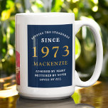 50th Birthday 1973 Blue Gold Add Name Photo Large Coffee Mug<br><div class="desc">A large blue and gold photo mug for those special people. Easily customize the text and photo using the template provided. Part of the setting standards range.</div>