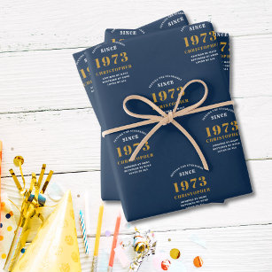 50th Birthday 1973 Blue Gold Add Name Wrapping Paper Sheets