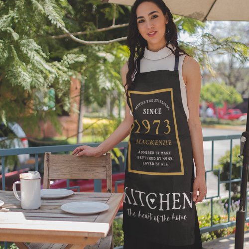 50th Birthday 1973 Name Elegant Black Gold Chic Apron