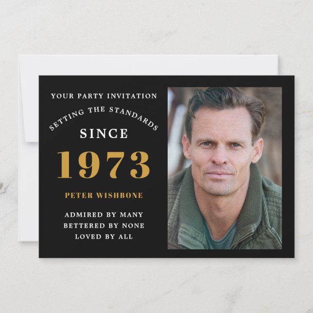 50th Birthday 1973 Name Photo Black Gold Invitation (Front)