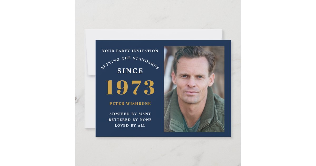 50th Birthday 1973 Name Photo Blue Gold Invitation Zazzle