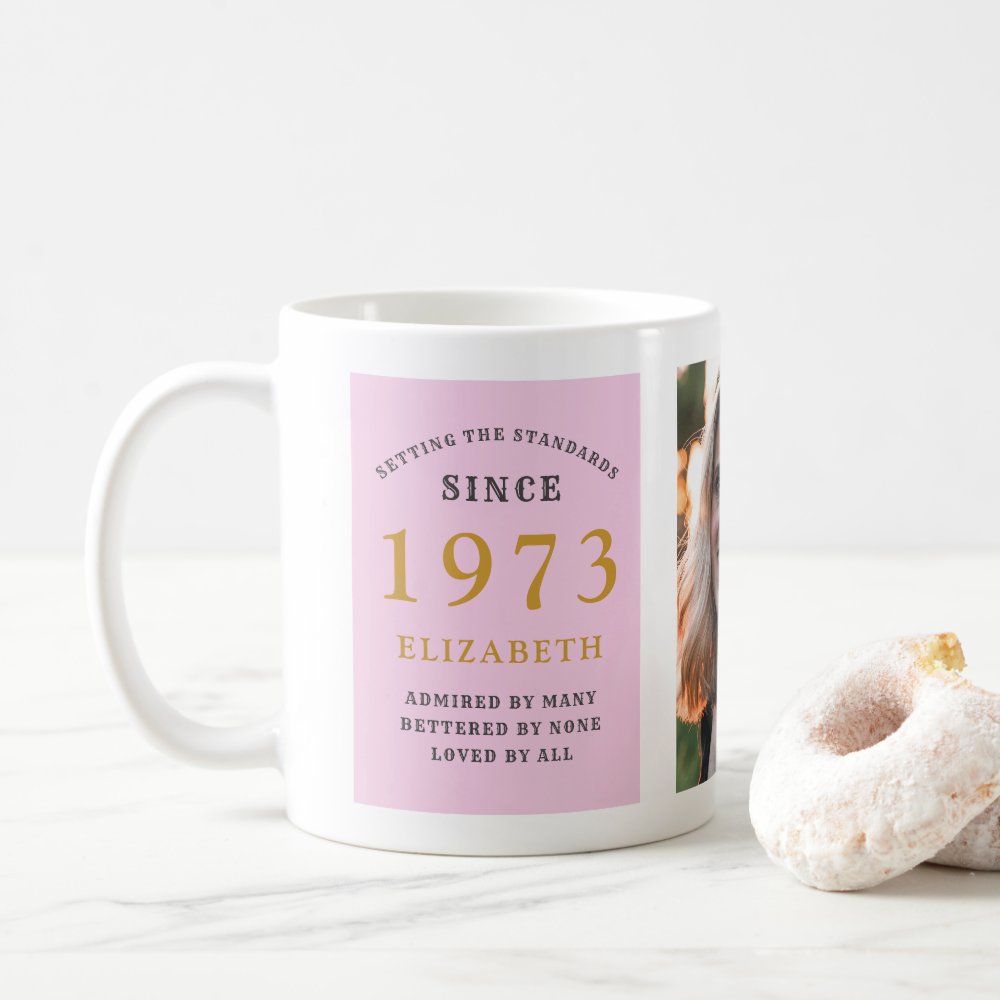 50th Birthday 1973 Pink Grey Add Name Photo Coffee Mug