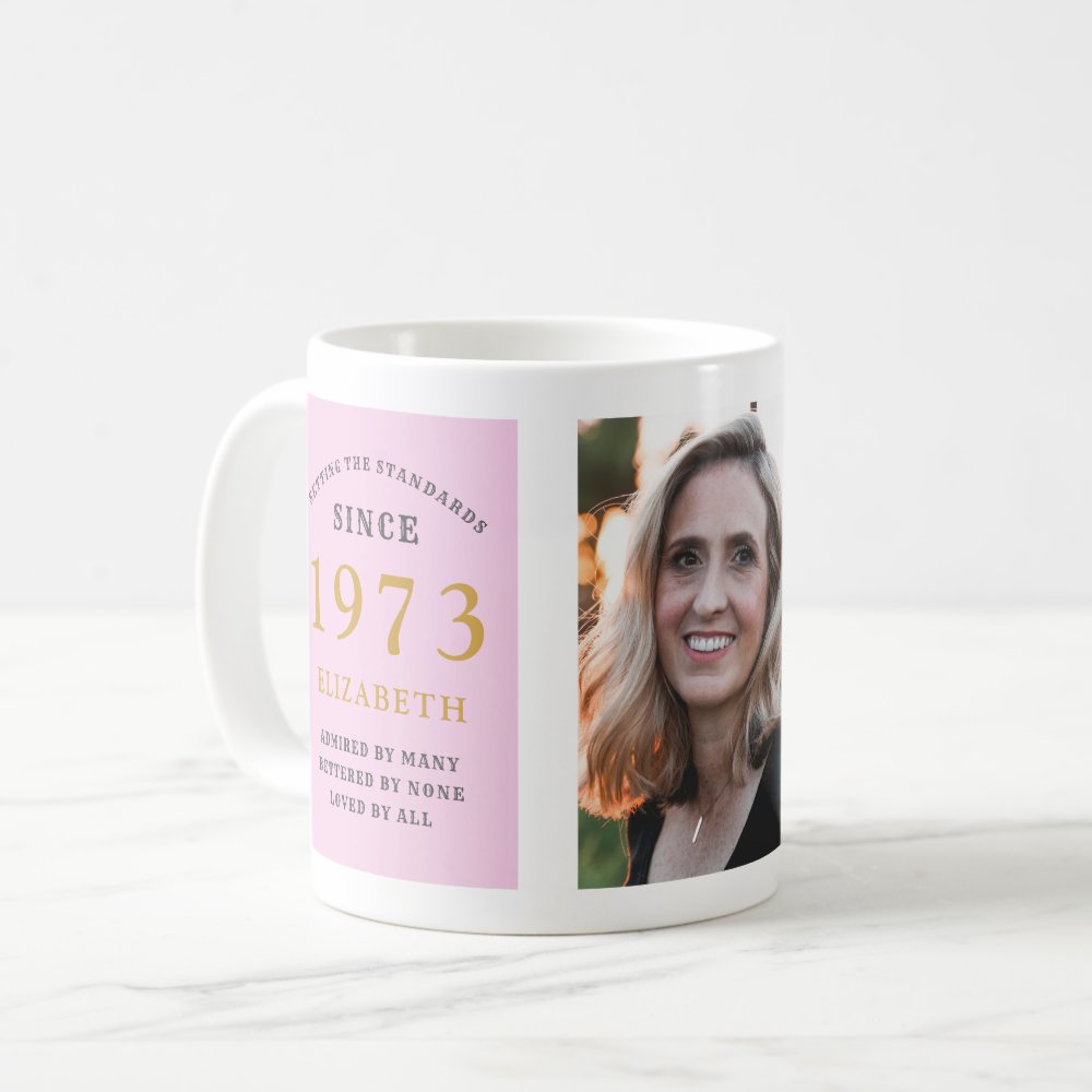 50th Birthday 1973 Pink Grey Add Name Photo Coffee Mug