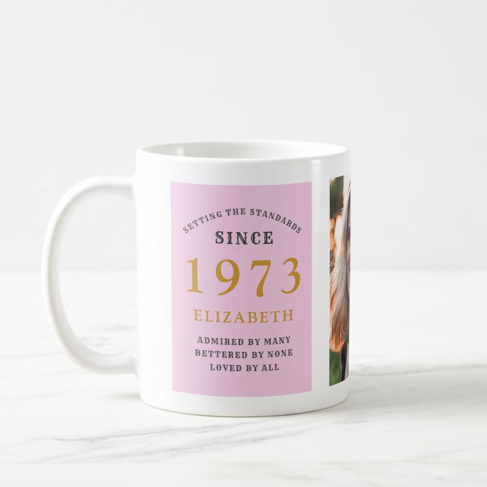 Discover 50th Birthday 1973 Pink Grey Add Name Photo Coffee Mug