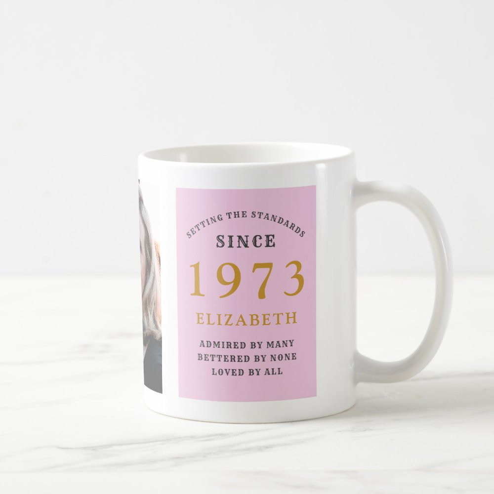 50th Birthday 1973 Pink Grey Add Name Photo Coffee Mug