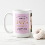 50th Birthday 1973 Pink Grey Add Name Photo Large Coffee Mug<br><div class="desc">A large pink and grey photo mug for those special people. Easily customize the text and photo using the template provided. Part of the setting standards range.</div>
