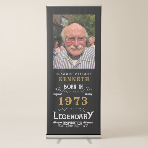 50th Birthday 1973 Vintage Black Gold Name Photo Retractable Banner