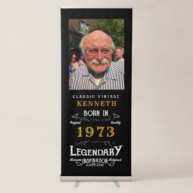 50th Birthday 1973 Vintage Black Gold Name Photo Retractable Banner (Front)