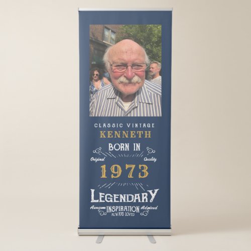 50th Birthday 1973 Vintage Blue Gold Name Photo Retractable Banner