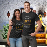 50th Birthday 1974 Add Name Black Gold Party T-Shirt<br><div class="desc">Custom 50th Birthday Guest of Honor Black and Gold T-Shirt – Born 1974 Edition. Celebrate your milestone birthday in style with our Custom 50th Birthday Guest of Honor t-shirt. Our black and gold tee is the perfect statement piece for this special occasion. With a design that proudly features '1974', wear...</div>