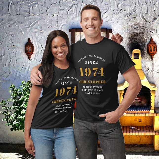 50th Birthday 1974 Add Name Black Gold Party T-Shirt (Custom 50th Birthday Guest of Honor Black and Gold T-Shirt – Born 1974 Edition)