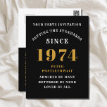 50th Birthday 1974 Black Gold Invitation Postcard<br><div class="desc">Elegant Black and Gold 50th Birthday Invitation - Create Your Own Personalized Design. Setting the stage for a remarkable celebration starts with the perfect invitation. Our elegant black and gold 50th birthday invitation is the perfect choice for this milestone event. Bathed in black for a touch of sophistication and adorned...</div>