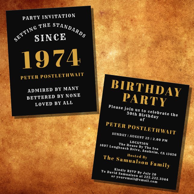 50th Birthday 1974 Black Gold Personalized For Him Flyer (Elegant Black and Gold 50th Birthday Invitation - Create Your Own Personalized Design.)