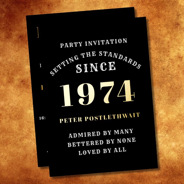 50th Birthday 1974 Black Gold Personalized For Him Foil Invitation (Elegant Black and Gold Foil 50th Birthday Invitation - Create Your Own Personalized Design.)