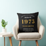 50th Birthday 1975 Black Gold lady's Personalized Throw Pillow<br><div class="desc">A personalized classic throw pillow design for that birthday celebration for special person born in 1975. Add the name to this vintage retro style black, white and gold design for a custom birthday gift. Easily edit the name and year with the template provided. A wonderful custom birthday gift. More gifts...</div>